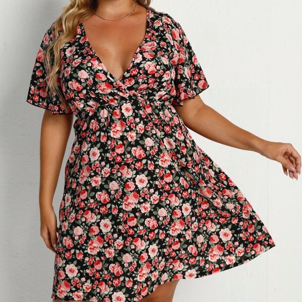 Boho Plus Pink Floral Print Butterfly Sleeve Cottagecore Dress - Picture 6 of 8